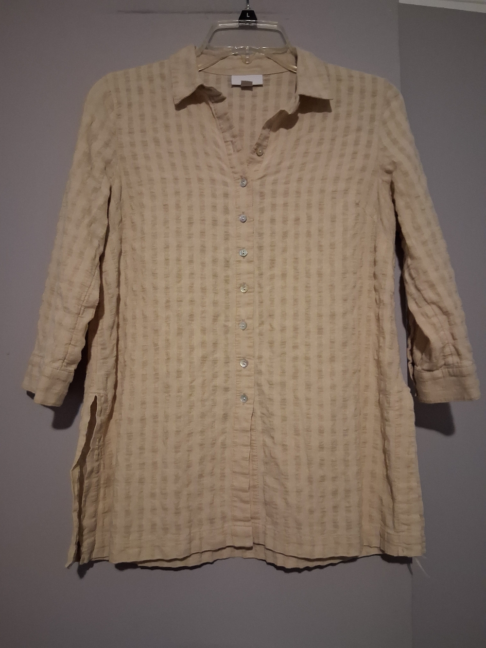 J Jill Women's Shirt Button Up Textured Roll Tab Sleeve Tunic Beige 